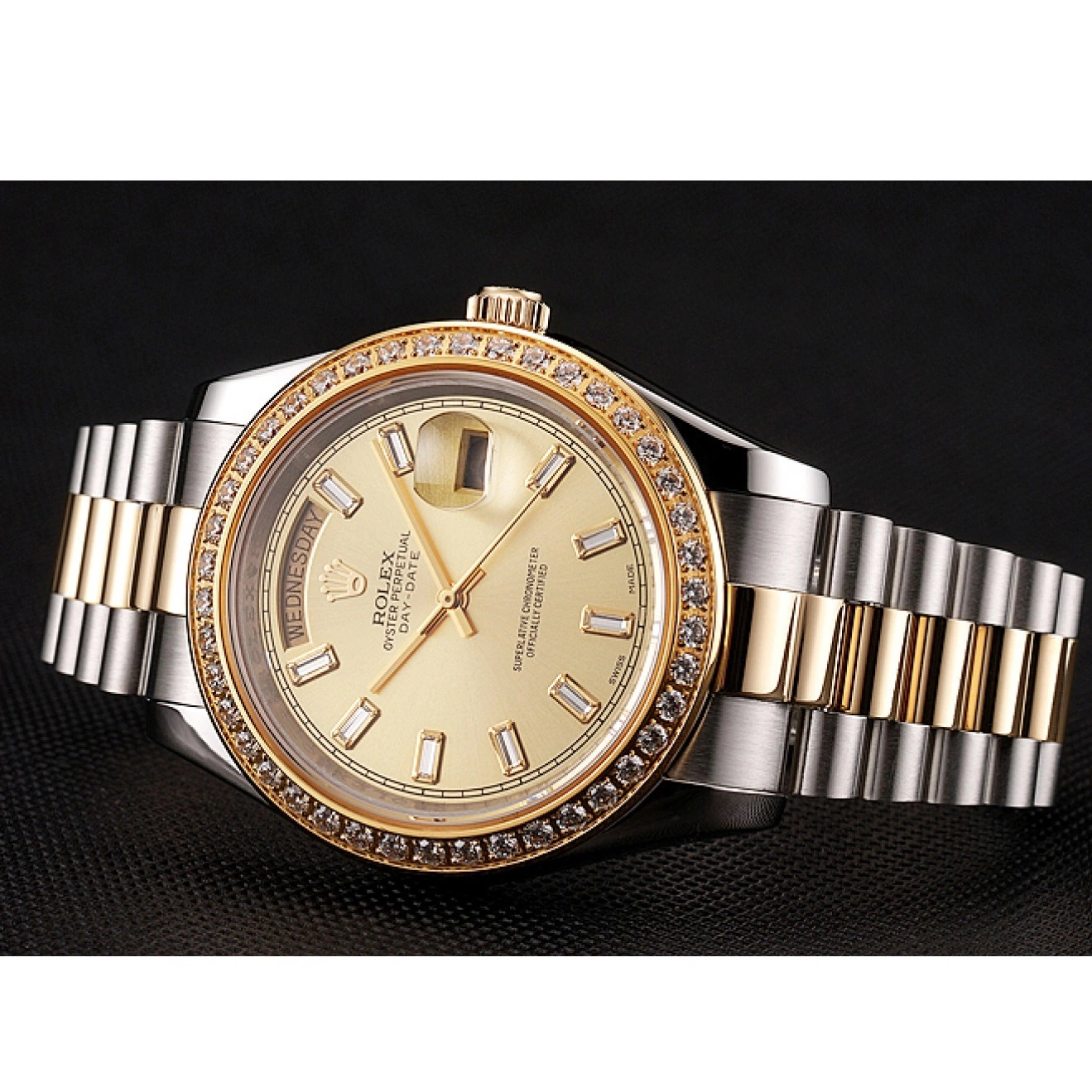 Good Copy Rolex Watches 1454103 Day-Date Two Bezel Swiss Diamond Rolex Dial Champagne Tone Bracelet 0823